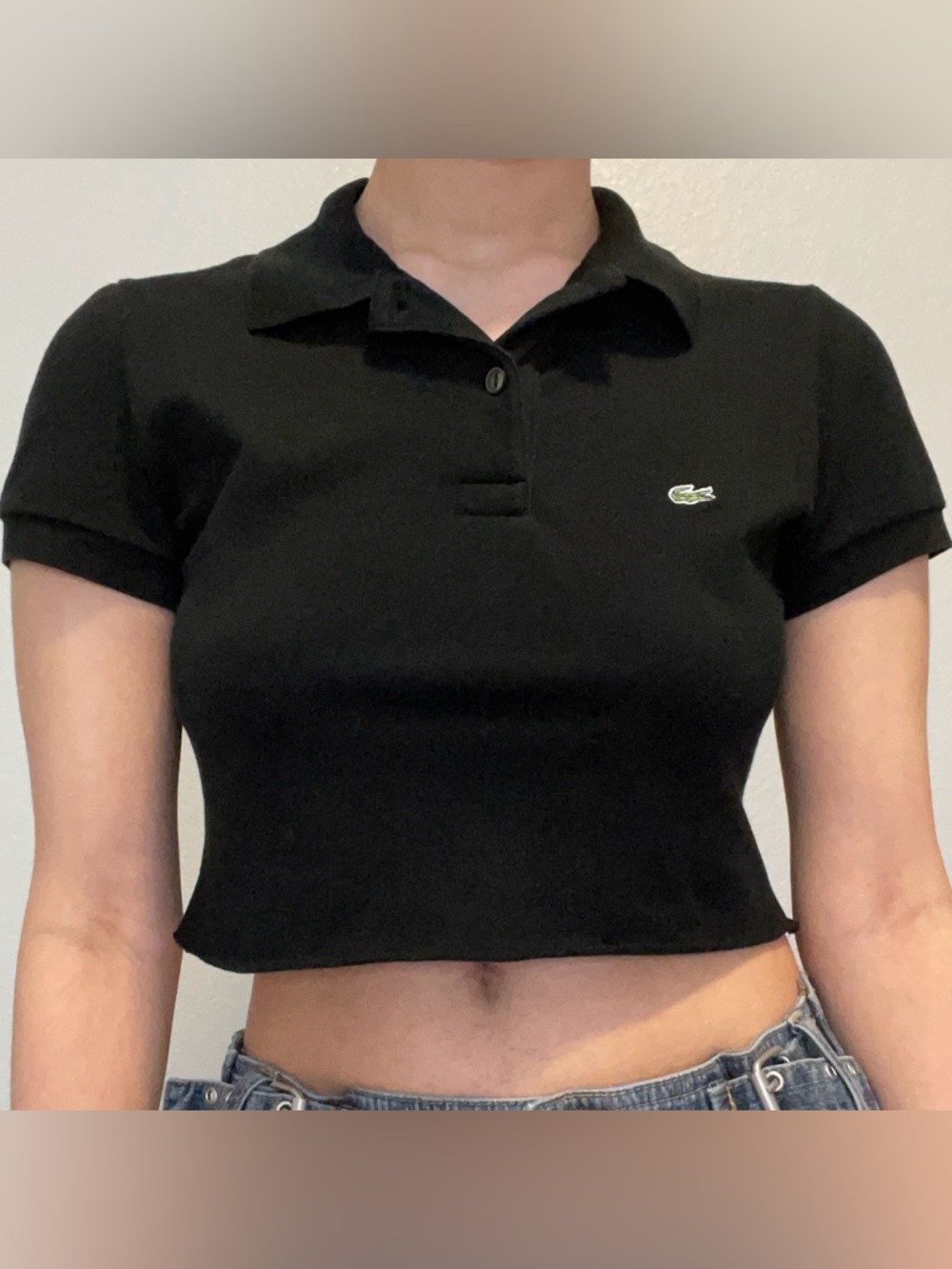 Lacoste Black Cropped Polo with Green Crocodile Logo